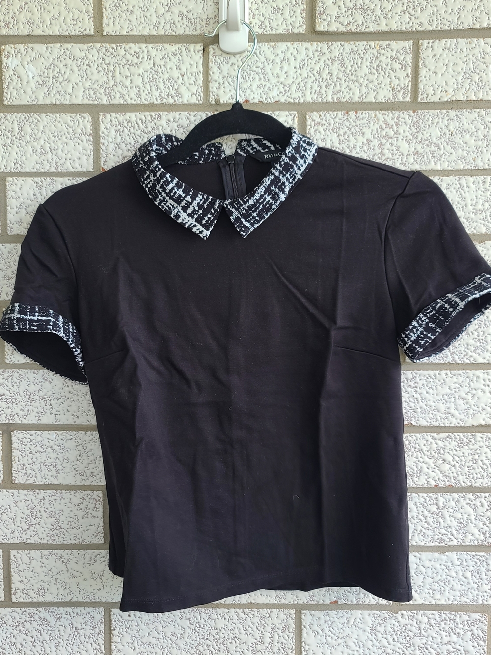 RW&CO. Black Short-Sleeve Polo with Tweed-Trim Collar
